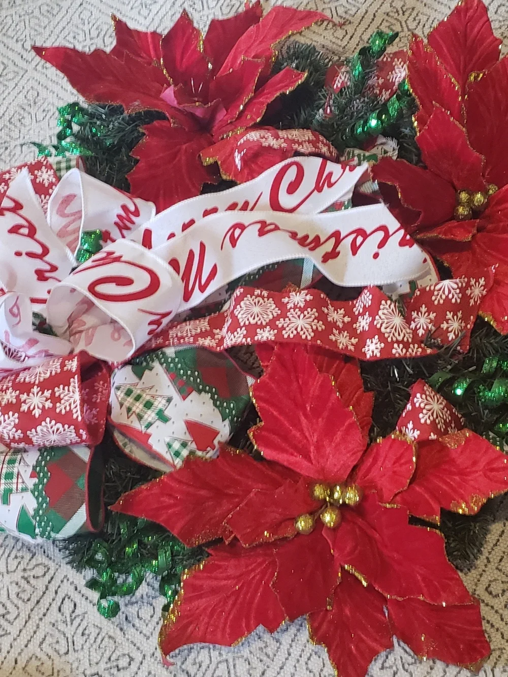 Holiday Red Poinsettia Wreath with Festive Ribbon